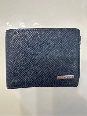 Hugo Boss Navy Textured Leather Bi-Fold Wallet with Logo Plaque